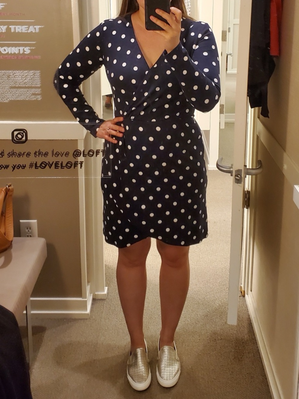 LOFT Navy Polka Dot Faux Wrap dress size 8